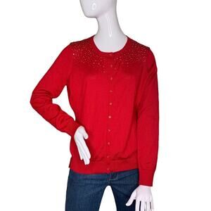 OUNCE fine knit button down red blouse size large long sleeve